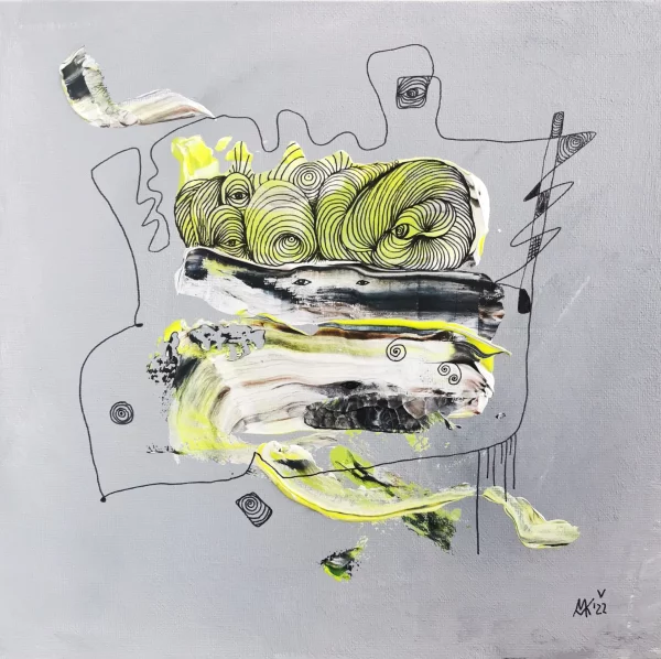 Abstraktes Acrylbild „Wachtraum“ von Marcela M. Kozlik – gespachtelte Farbinseln in Neongelbgrün auf Grau mit Fineliner-Wirbeln und Augen, 25 × 25 cm, 2021