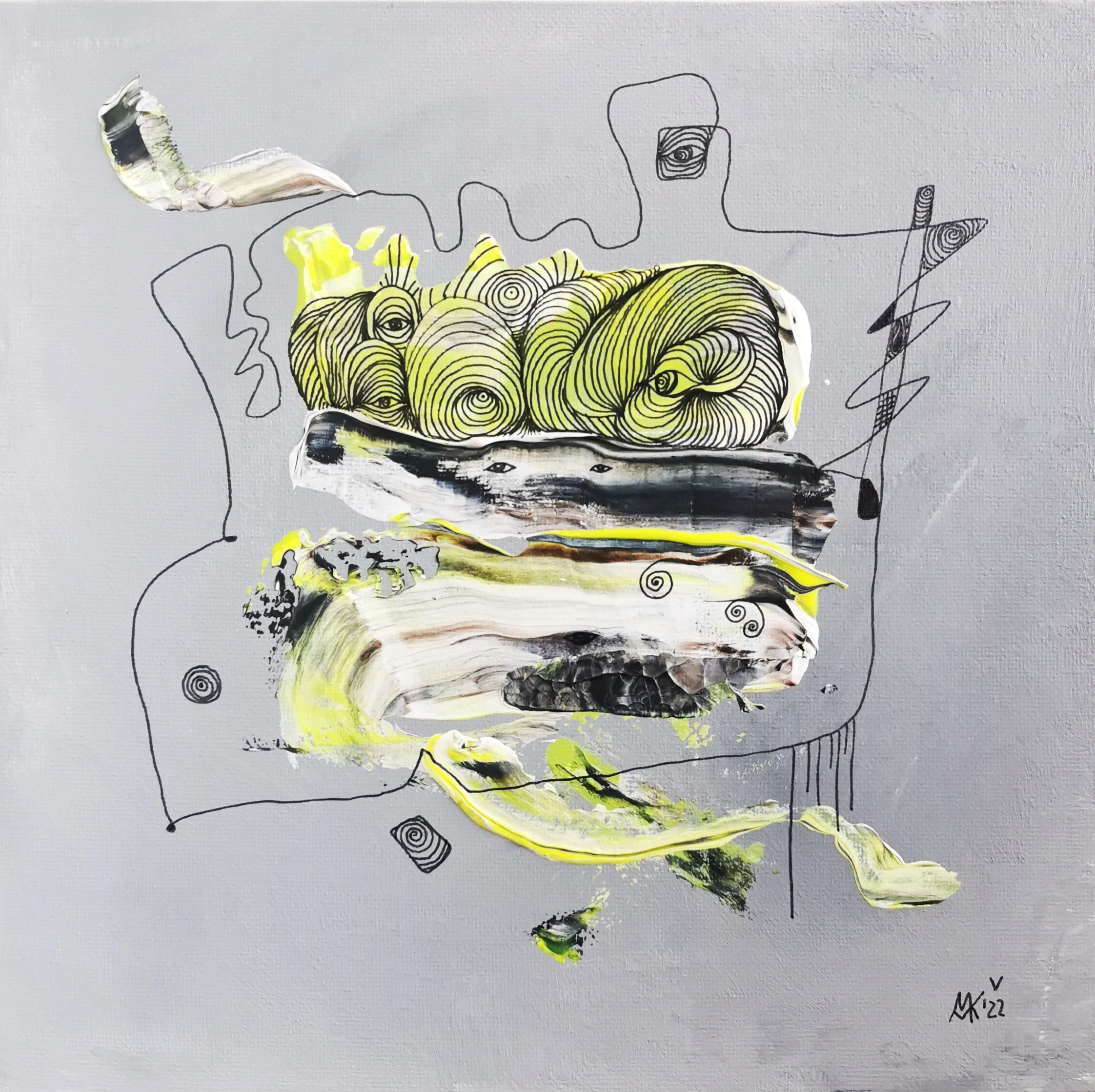 Abstraktes Acrylbild „Wachtraum“ von Marcela M. Kozlik – Farbinseln in Neongelbgrün auf Grau mit Fineliner-Wirbeln und Augen, 25 × 25 cm, 2021