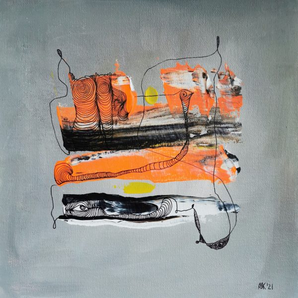 Abstraktes Acrylbild „Wachposten“ von Marcela M. Kozlik – orange, schwarze und weiße Spachtelbahnen mit großem Fineliner-Auge, 25 × 25 cm, 2021