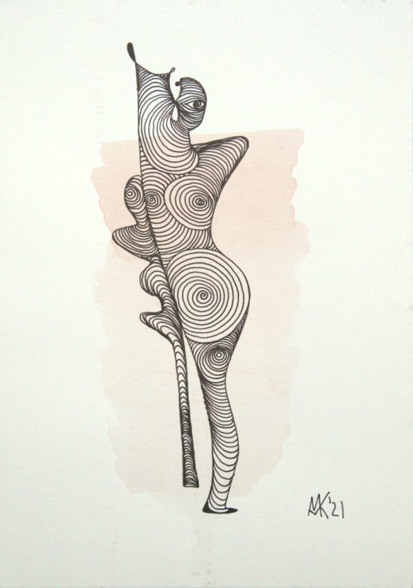 Abstraktes Aquarell „Krücken-Ich“ von Marcela M. Kozlik – weibliche Figur aus konzentrischen Ringen, an eine Krücke gelehnt, 14 × 21 cm, 2021