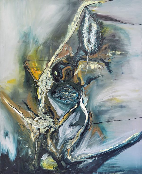 Großes abstraktes Ölgemälde „Nike“ von Marcela M. Kozlik – silbrige Impasto-Formen steigen aus dunkler Diagonale auf, 130 × 160 cm, 2006