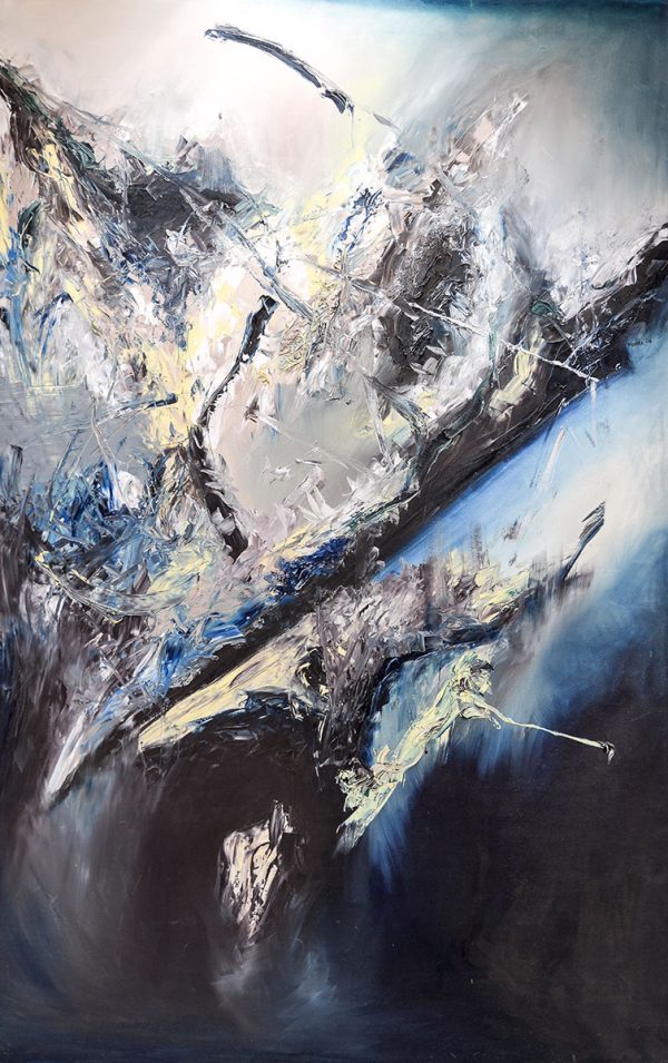 Hochformatiges abstraktes Ölgemälde „Nachtkaskade“ von Marcela M. Kozlik – Lichtkaskade aus weißen und blauen Impasto-Schollen vor Blauschwarz, 110 × 200 cm, 2006
