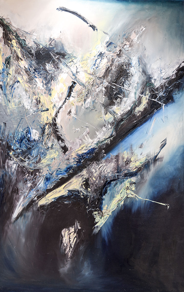 Hochformatiges abstraktes Ölgemälde „Nachtkaskade“ von Marcela M. Kozlik – Lichtkaskade aus weißen und blauen Impasto-Schollen vor Blauschwarz, 110 × 200 cm, 2006