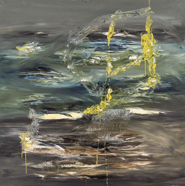Quadratisches abstraktes Ölgemälde „Uferdämmerung“ von Marcela M. Kozlik – graues Himmelsband, petrolgrünes Wasser, gelbe Lichtstruktur, 80 × 80 cm, 2006
