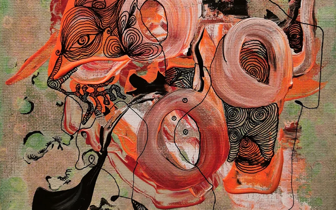 Abstraktes Acrylbild „Geborgen“ von Marcela M. Kozlik – rosé-orange Ringformen und Tuscheauge auf warmem Graugrün