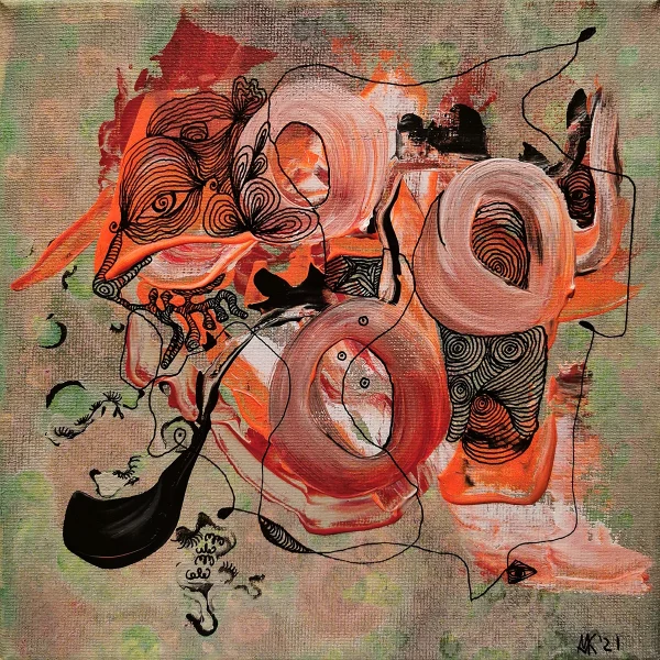 Abstraktes Acrylbild „Geborgen“ von Marcela M. Kozlik – rosé-orange Ringformen und Tuscheauge auf warmem Graugrün