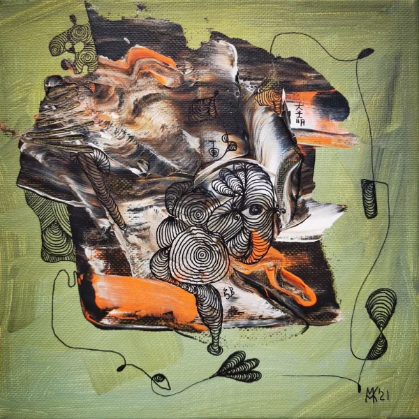 Abstraktes Acrylbild „Verwurzelt“ von Marcela M. Kozlik – dunkle Rindenstrukturen und getuschte Jahresringe auf olivgrünem Grund