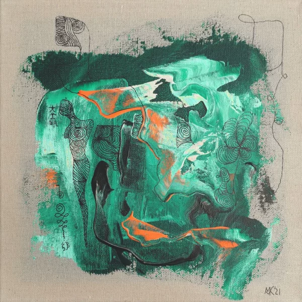Abstraktes Acrylbild „Hüterin“ von Marcela M. Kozlik – getuschte Frauenfigur in tiefem Phthalogrün auf rohem Leinen