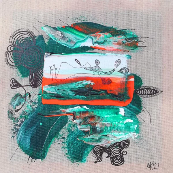 Abstraktes Acrylbild „Fensterblick“ von Marcela M. Kozlik – weißes Fensterrechteck mit orangenem Horizont, umgeben von grünen Schwüngen