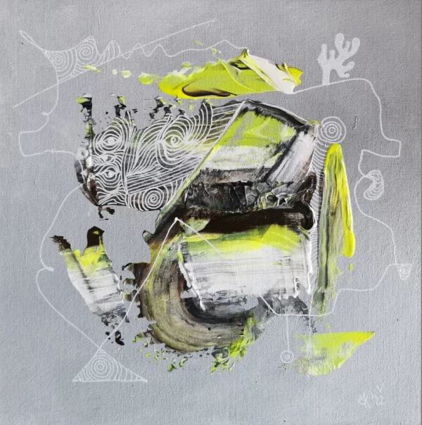 Abstraktes Acrylbild „Aufklaren“ von Marcela M. Kozlik – Neongelb und weiße Tuschespiralen über silbergrauem Grund