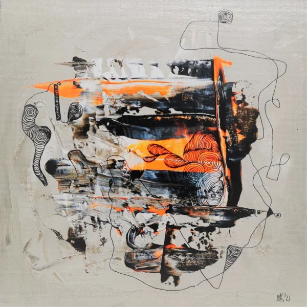Abstraktes Acrylbild „Verdichtung“ von Marcela M. Kozlik – dunkle verdichtete Farbmasse mit glühendem Orange auf hellem Beigegrau