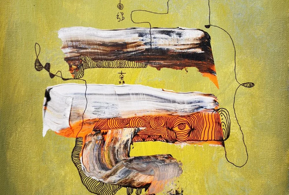Abstraktes Acrylbild „Zweiklang“ von Marcela M. Kozlik – zwei horizontale Farbbalken mit orangenem Ornamentband auf gelbgrünem Grund