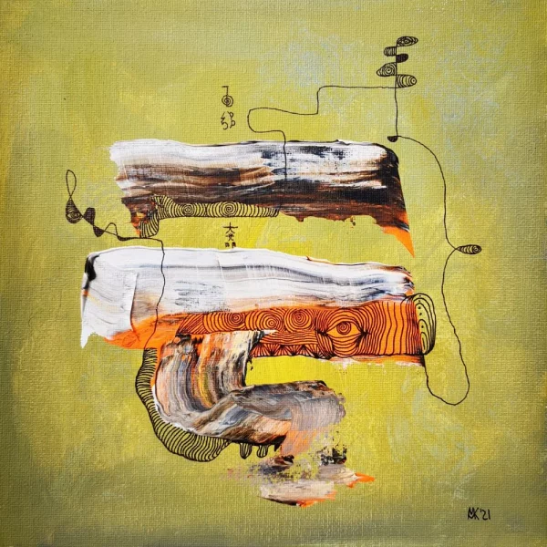 Abstraktes Acrylbild „Zweiklang“ von Marcela M. Kozlik – zwei horizontale Farbbalken mit orangenem Ornamentband auf gelbgrünem Grund