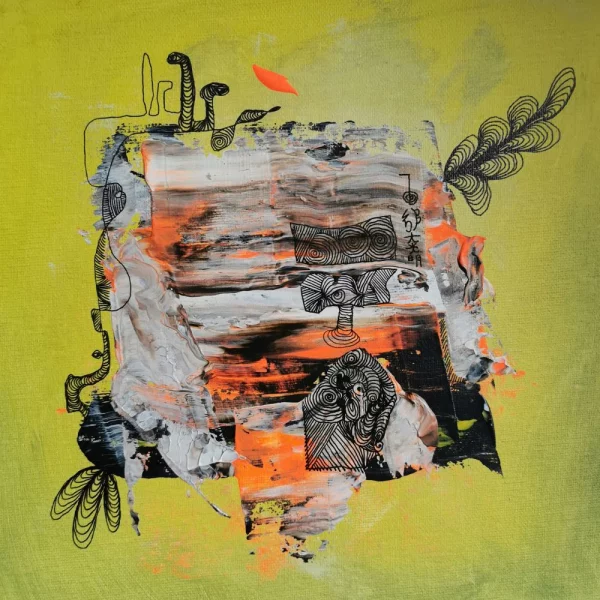 Abstraktes Acrylbild „Sommergerüst“ von Marcela M. Kozlik – helle Farbbahnen und Tuschezeichnung auf leuchtendem Gelbgrün