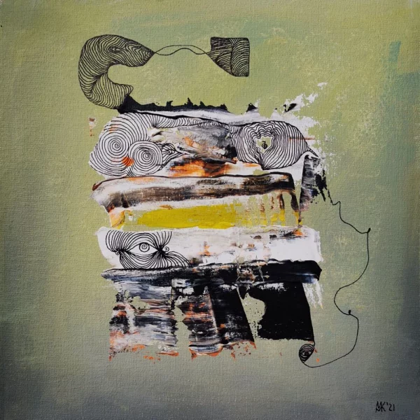 Abstraktes Acrylbild „Zwischenlage“ von Marcela M. Kozlik – geschichtete Farbbänder mit gelber Zwischenlage und getuschtem Augenpaar