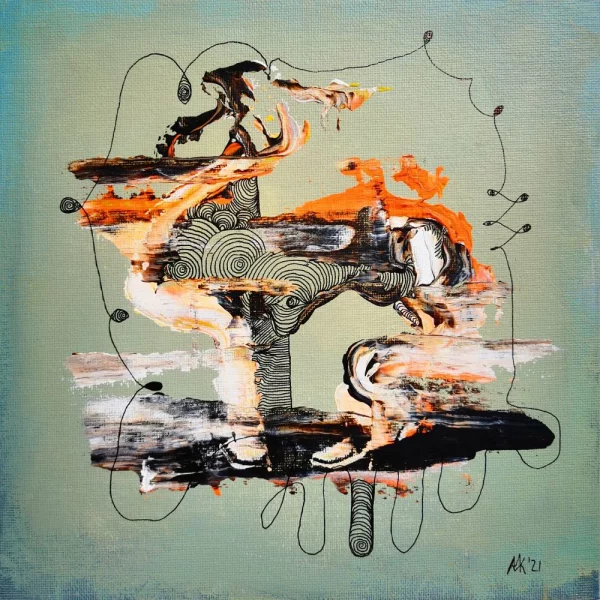 Abstraktes Acrylbild „Verzweigt“ von Marcela M. Kozlik – verzweigte Struktur aus Tuschespiralen und orangen Farbinseln auf Salbeigrün