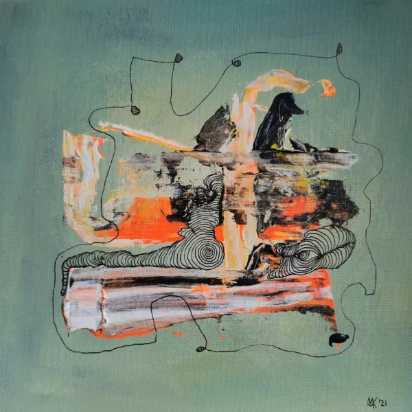 Abstraktes Acrylbild „Die Ruhende“ von Marcela M. Kozlik – liegende helle Form mit aufsteigendem Gelb-Orange auf seegrünem Grund