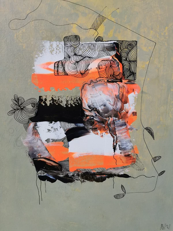 Abstraktes Acrylbild „Gedächtnisturm“ von Marcela M. Kozlik – turmartig gestapelte Ornamentfelder über orange-schwarzen Farblagen