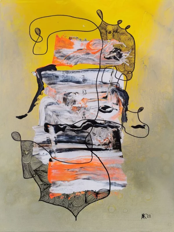 Abstraktes Acrylbild „Sonnenkönigin“ von Marcela M. Kozlik – goldene Spiralkrone und Farbbahnen unter strahlendem Gelb