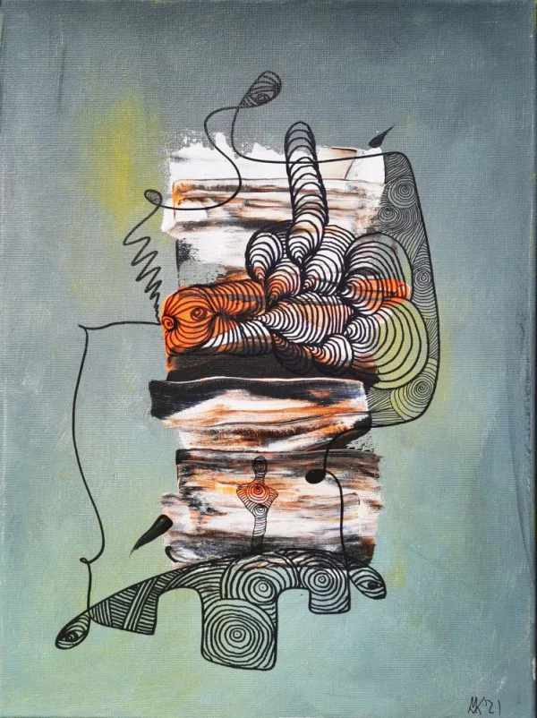 Abstraktes Acrylbild „Bedacht“ von Marcela M. Kozlik – gestapelte Figur mit dichtem orange-schwarzem Ornamentgeflecht auf staubblauem Grund