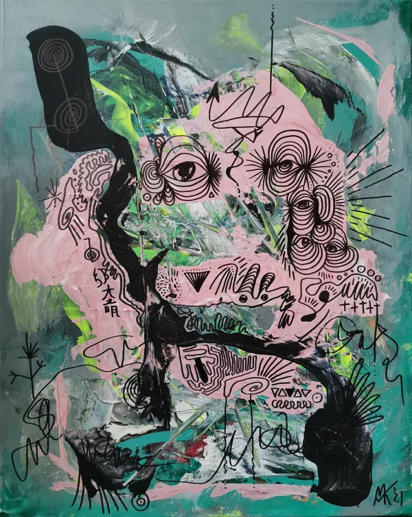 Abstraktes Acrylbild „Beobachtet“ von Marcela M. Kozlik – große getuschte Augen in rosa Wolke auf petrolgrünem Grund