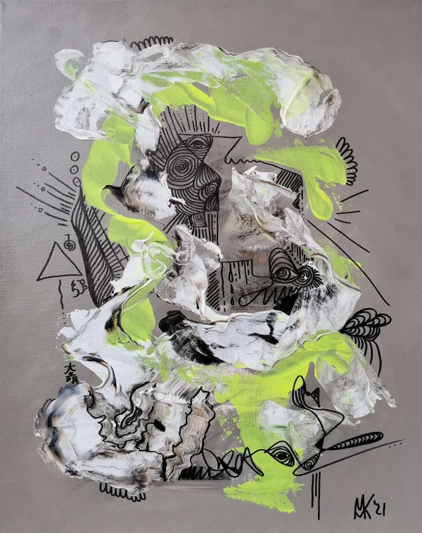 Abstraktes Acrylbild „Aufwind“ von Marcela M. Kozlik – pastose weiße Wolkenformen mit neongelben Bahnen und getuschtem Vogel