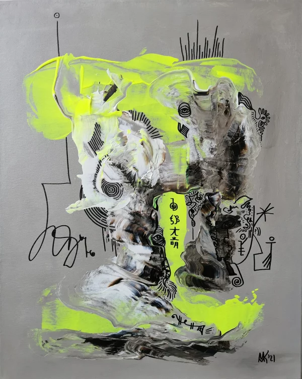 Abstraktes Acrylbild „Lichtbruch“ von Marcela M. Kozlik – neongelbe Farbflächen brechen durch weiß-schwarze Strukturen auf Silbergrau