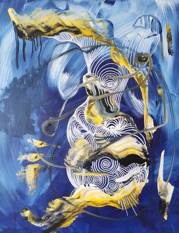 Abstraktes Acrylbild „Gezeiten“ von Marcela M. Kozlik – weiße Strömungsspiralen und sandgelbe Formen auf tiefblauem Grund