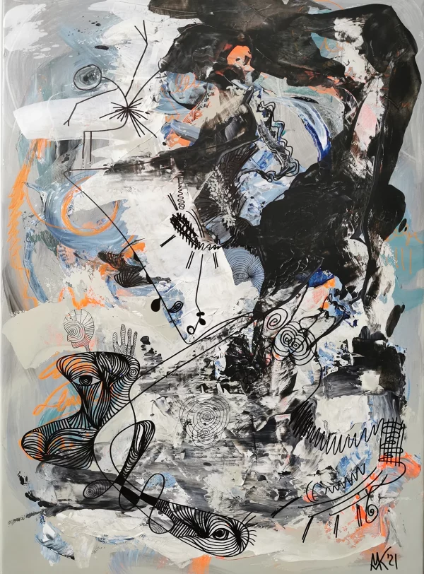 Abstraktes Acrylbild „Sturmauge“ von Marcela M. Kozlik – dramatische schwarz-weiße Komposition mit orangen Funken und getuschten Augen