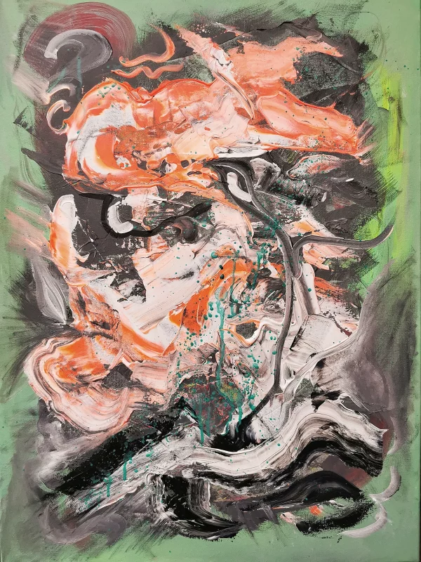 Abstraktes Acrylbild „Überschwang“ von Marcela M. Kozlik – üppige lachsrosa und orange Farbwolken auf mintgrünem Grund