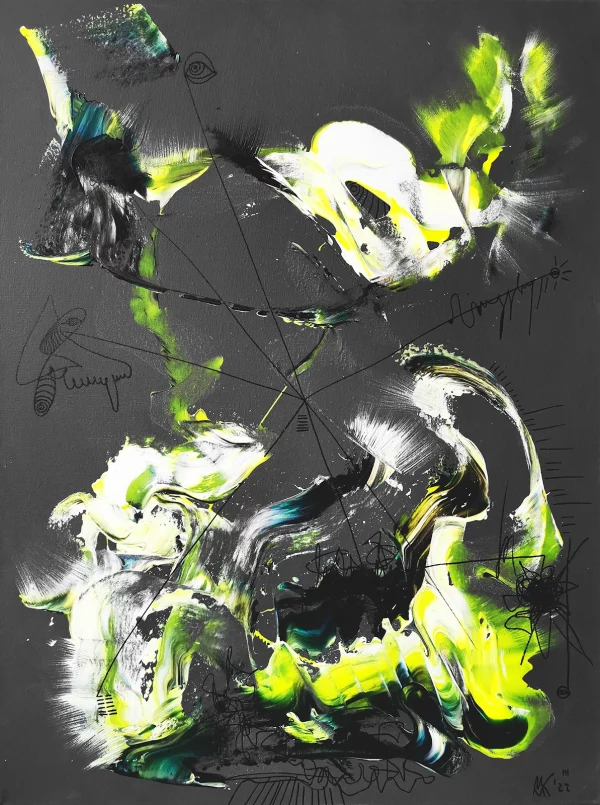 Abstraktes Acrylbild „Nachtschicht“ von Marcela M. Kozlik – neongelbgrüne Schlieren und weiße Lichtspuren auf fast schwarzem Grund