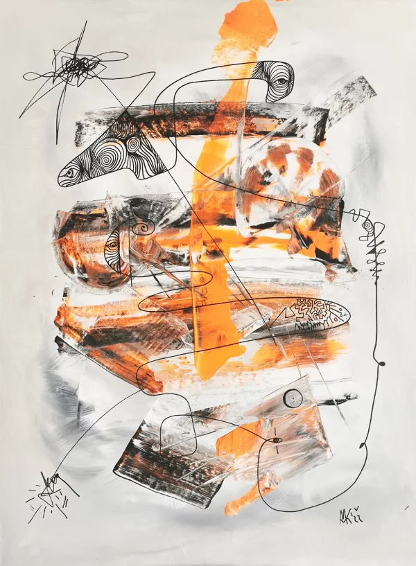 Abstraktes Acrylbild „Leichtes Gepäck“ von Marcela M. Kozlik – schwebende collagierte Formen mit orangem Band auf hellem Grund