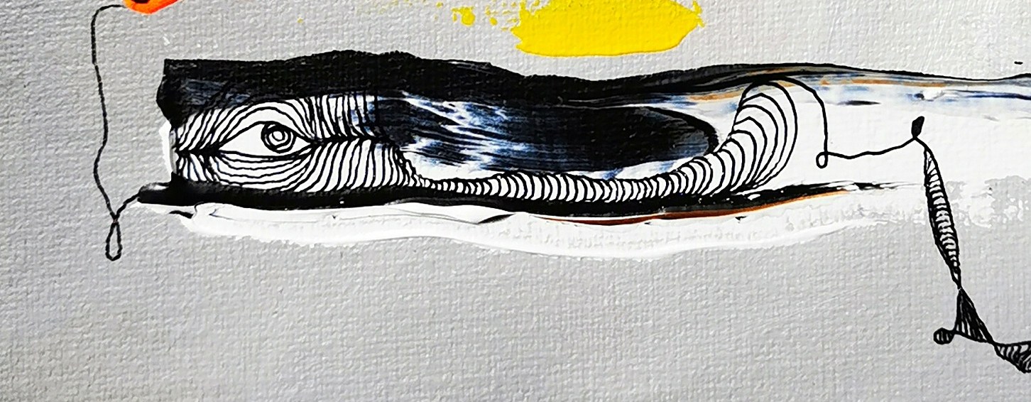 Detail aus „Wachposten“ von Marcela M. Kozlik – fein gestricheltes Auge im schwarz-weißen Farbband