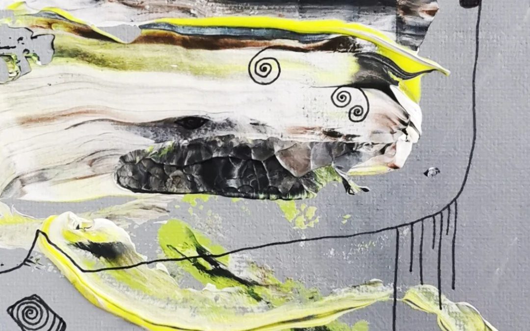 Detail aus „Wachtraum“ von Marcela M. Kozlik – pastose Spachtelinseln in Neongelbgrün und Schwarzweiß, Acryl und Fineliner